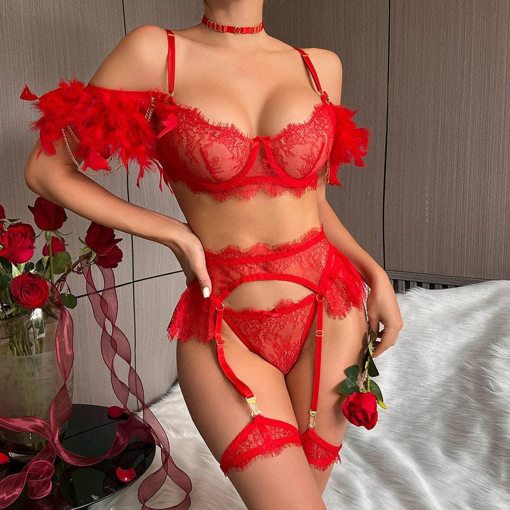 Sexy Lace Feather Lingerie Set with Garter Belt