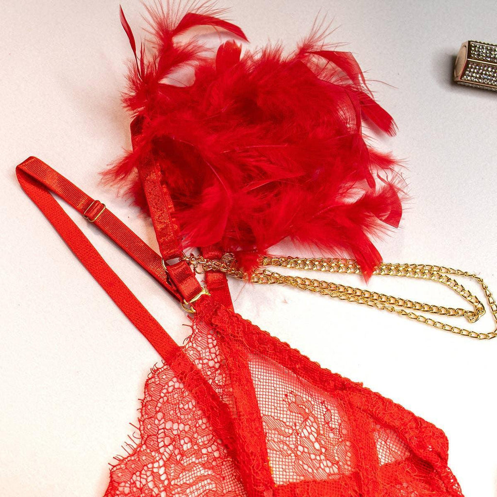 Sexy Lace Feather Lingerie Set with Garter Belt