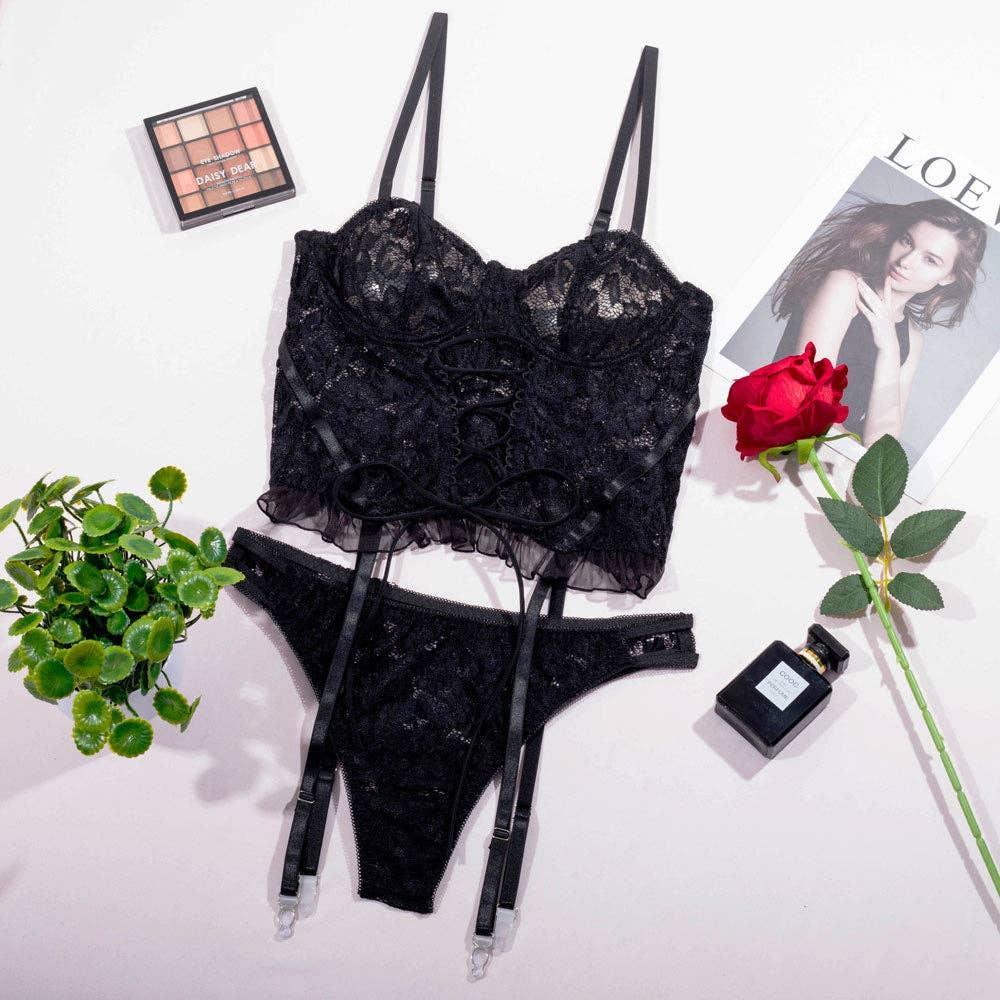 Sexy Solid Color Lace Lingerie Set with Garter