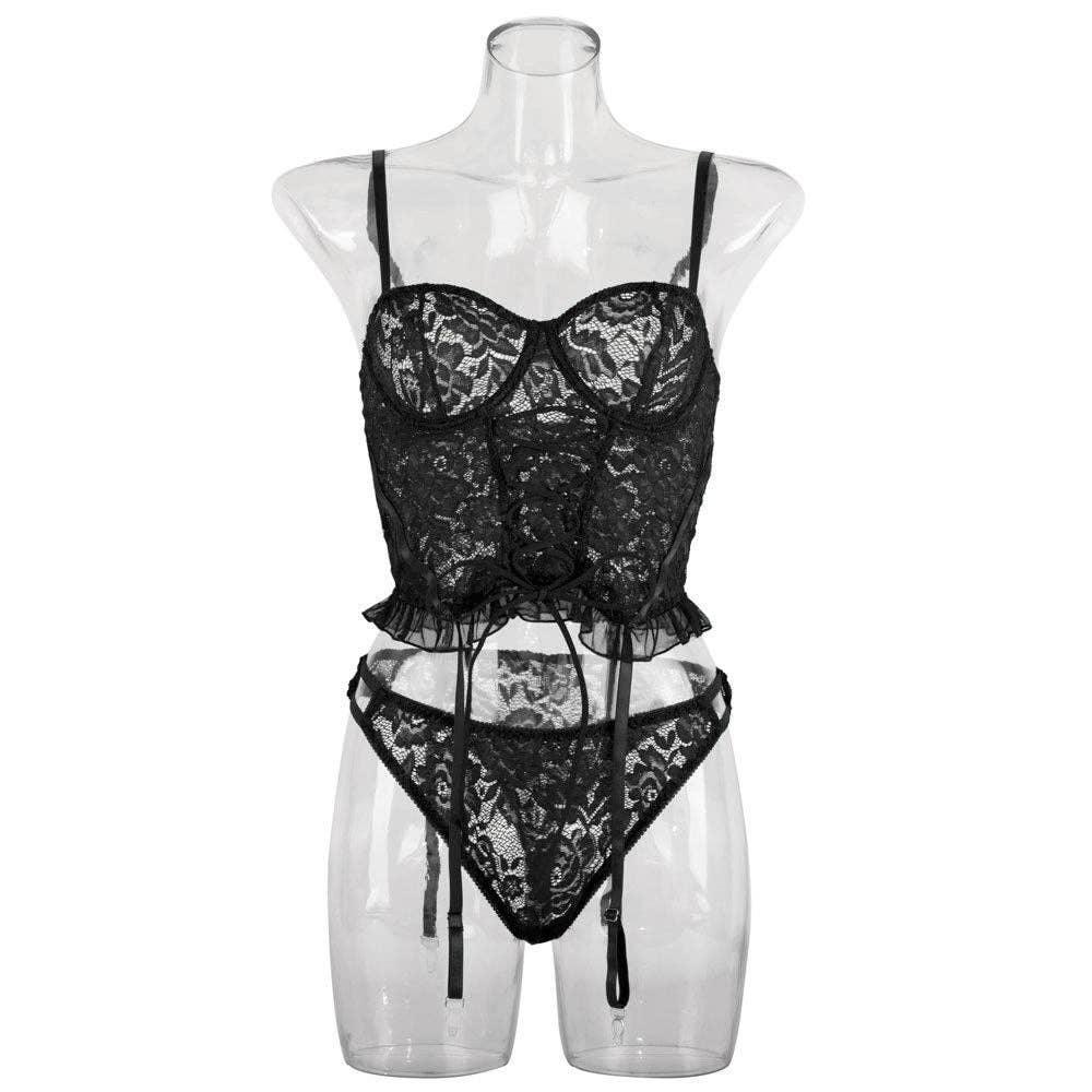 Sexy Solid Color Lace Lingerie Set with Garter