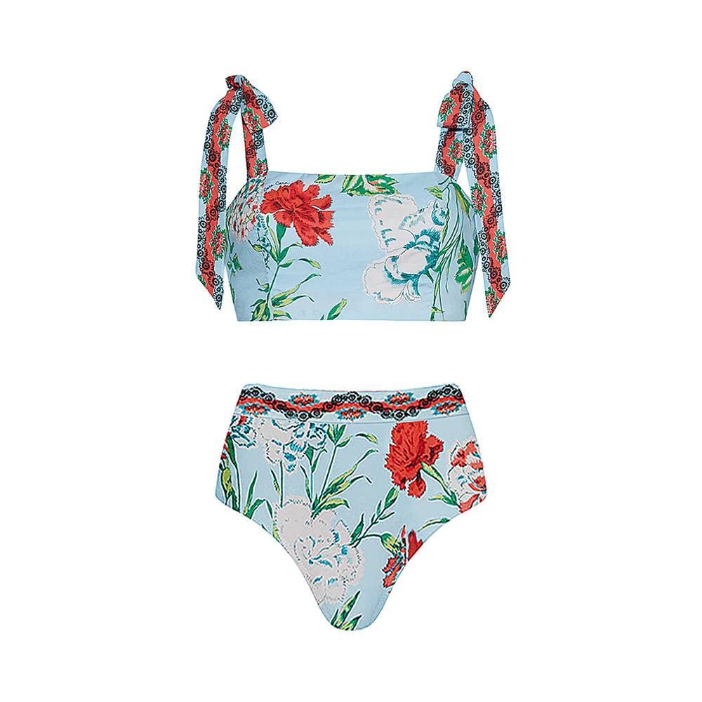 Two Shoulder Flower Print Bikini Swimsuit Set