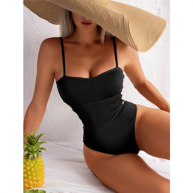 Wrinkle Solid Color Waist Cut Out One Piece Swimwear
