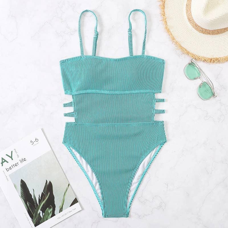 Wrinkle Solid Color Waist Cut Out One Piece Swimwear